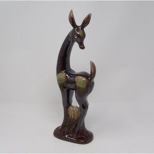 Vintage Tall Thin Art Deco Style Deer Figure Statue Brown Drip Glaze 12 3/4" H x